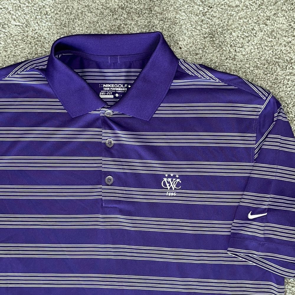 Nike Tour Performance Woodland Golf Club 1896 Purple Stripe Golf Polo Shirt L